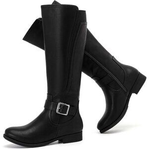 Women's Leather Black Knee High Flat Tall Zipped Round Toe Winter Casual Boot